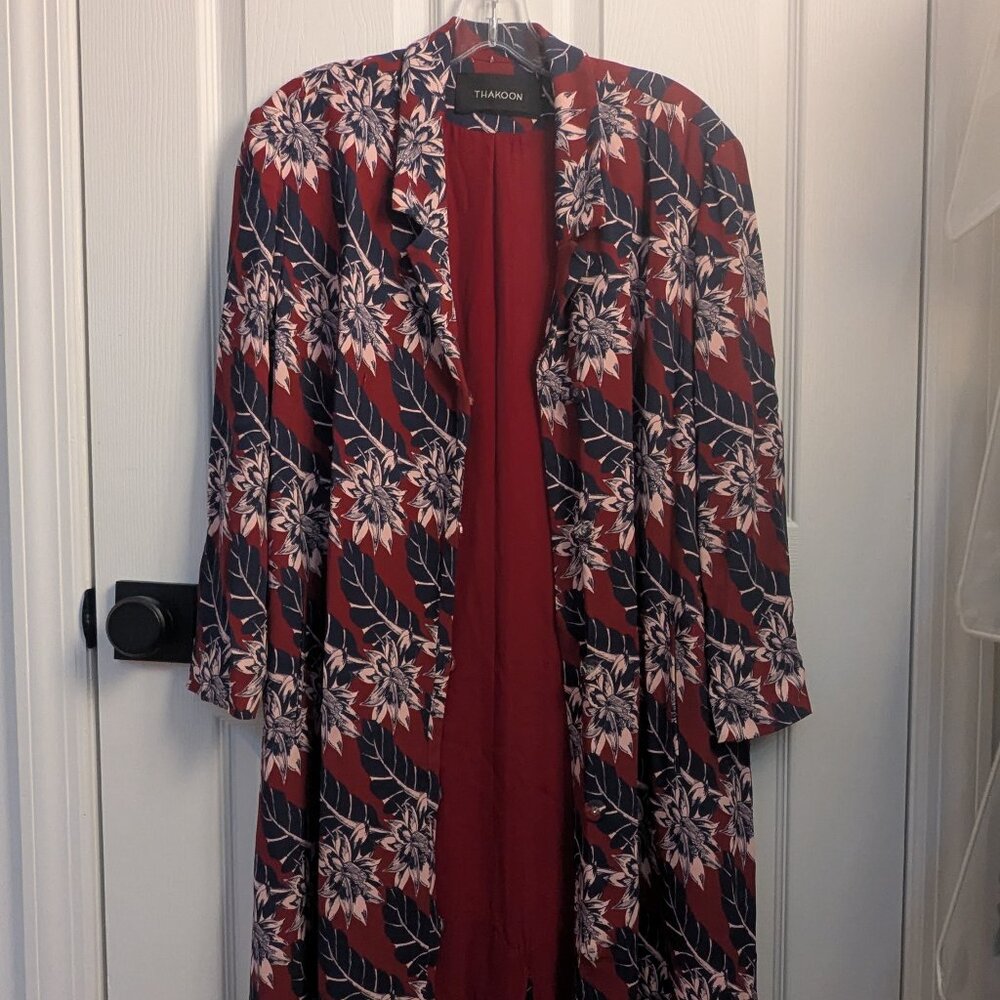 Thakoon Burgundy Floral Mid-calf Duster Jacket (S)